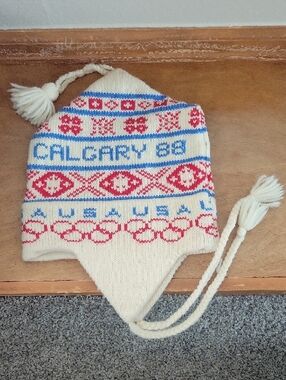 Calgary Winter Olympics 1988 Ceau Mar Knit Earflap Hat - Cream, Red & Blue